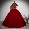 Elegant Burgundy Prom Dresses 2020 Ball Gown High Neck Beading Sequins Short Sleeve Backless Floor-Length / Long Formal Dresses