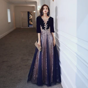 Elegante Marineblau Perlenstickerei Abendkleider Ballkleider 2021 A Linie Rundhalsausschnitt Strass Pailletten Ärmellos Rückenfreies Lange Abend Festliche Kleider