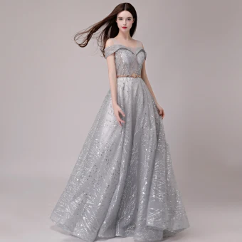 Elegant Silver Evening Dresses 2018 A Line Princess Glitter Sequins Metal Sash Shoulders Sleeveless Floor Length Long Formal Dresses