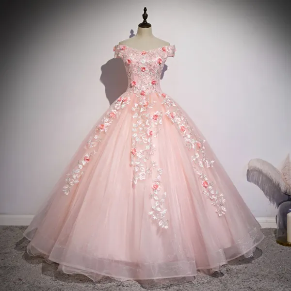 Chic / Beautiful Blushing Pink Prom Dresses 2020 Ball Gown Off-The-Shoulder Beading Pearl Appliques Lace Flower Short Sleeve Backless Floor-Length / Long Formal Dresses