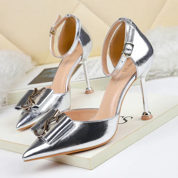 Affordable Silver Evening Party Womens Shoes 2020 Ankle Strap 9 cm Stiletto Heels Pointed Toe High Heels