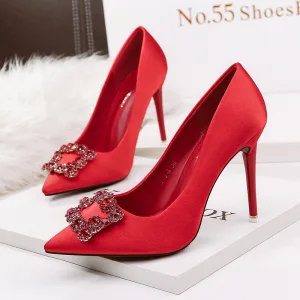 Abordable Rouge Soirée Escarpins 2020 Faux Diamant 10 Cm Talons Aiguilles À Bout Pointu Escarpins