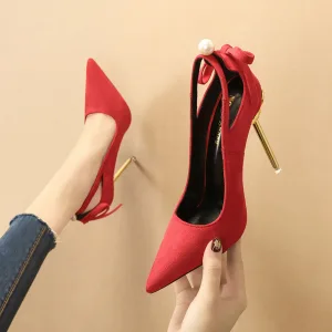 Abordable Rouge Désinvolte Daim Escarpins 2020 10 Cm Talons Aiguilles À Bout Pointu Escarpins