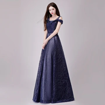 Chic Belle Bleu Marine Robe De Soirée 2018 Princesse Glitter Paillettes Dentelle Épaules Dos Nu Sans Manches Longue Robe De Ceremonie