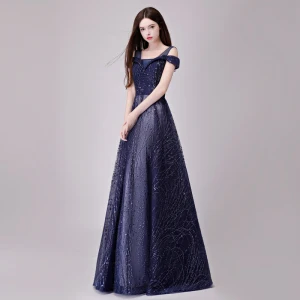 Chic Beautiful Navy Blue Evening Dresses 2018 A Line Princess Glitter Sequins Lace Shoulders Backless Sleeveless Floor Length Long Formal Dresses