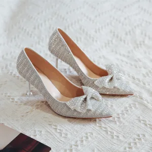 Uroczy Srebrny Kryształ Buty Ślubne 2020 Rhinestone Kokarda 8 Cm Szpilki Szpiczaste Ślub Czółenka