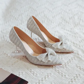 Charmant Argenté Cristal Chaussure De Mariée 2020 Faux Diamant Noeud 8 Cm Talons Aiguilles À Bout Pointu Mariage Escarpins