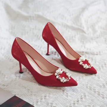 Chinese Stijl Rode Bruidsschoenen 2020 Parel 8 Cm Naaldhakken Stiletto Spitse Neus Huwelijk Pumps