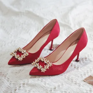 Chinese Style Red Rhinestone Wedding Shoes 2020 8 Cm Stiletto Heels Pointed Toe Wedding Pumps