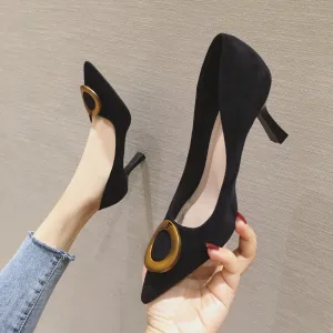 Chic Belle Noire Désinvolte Escarpins 2020 Daim 7 Cm Talons Aiguilles À Bout Pointu Escarpins