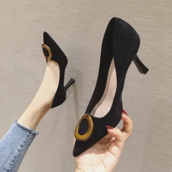 Chic Belle Noire Désinvolte Escarpins 2020 Daim 7 Cm Talons Aiguilles À Bout Pointu Escarpins