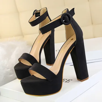 Sexy Noire Vêtement De Rue Sandales Femme 2020 Bride Cheville 13 Cm Talons Épais Peep Toes Bout Ouvert Sandales