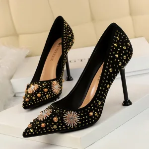 Vintage Svarta Afton Pumps 2020 Pärla Rhinestone 9 Cm Stilettklackar Spetsiga Pumps