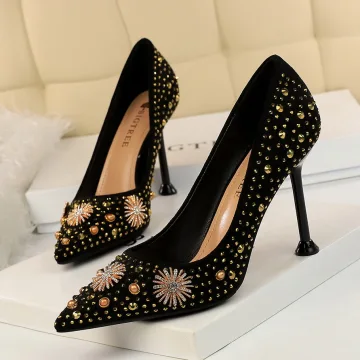 Vintage Zwarte Avond Pumps 2020 Parel Rhinestone 9 Cm Naaldhakken Stiletto Spitse Neus Pumps