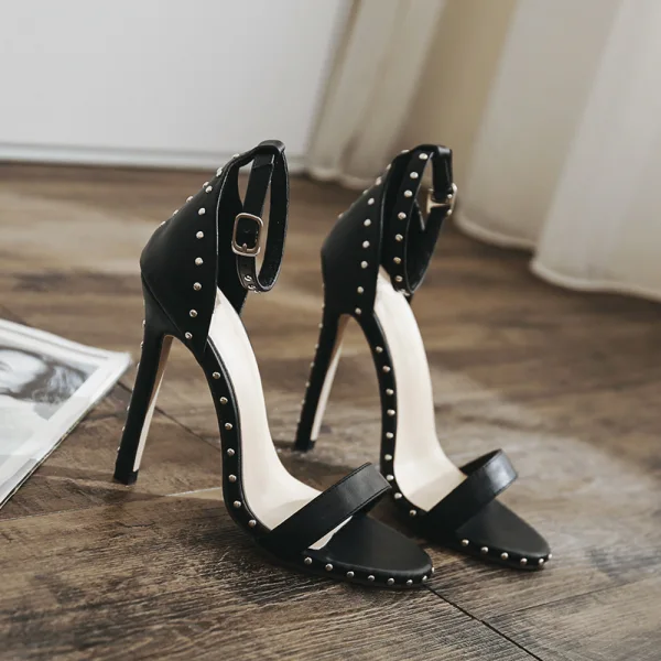 Proste / Simple Czarne Przypadkowy Nit Sandały Damskie 2020 Z Paskiem 11 cm Szpilki Peep Toe Sandały
