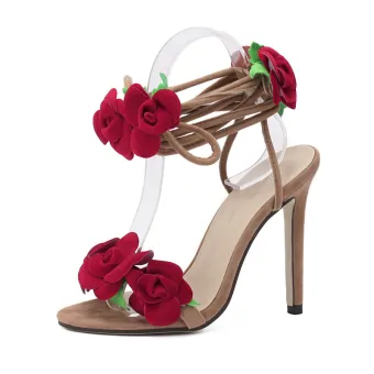 Fine Aprikos Casual Blomst Sandaler Dame 2020 Ankelstropp 11 Cm Stiletthæler Peep Toe Sandaler