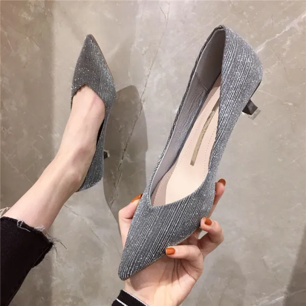 Chic Beautiful Grey Casual Office Pumps 2020 Glitter Sequins 5 cm Stiletto Heels Pointed