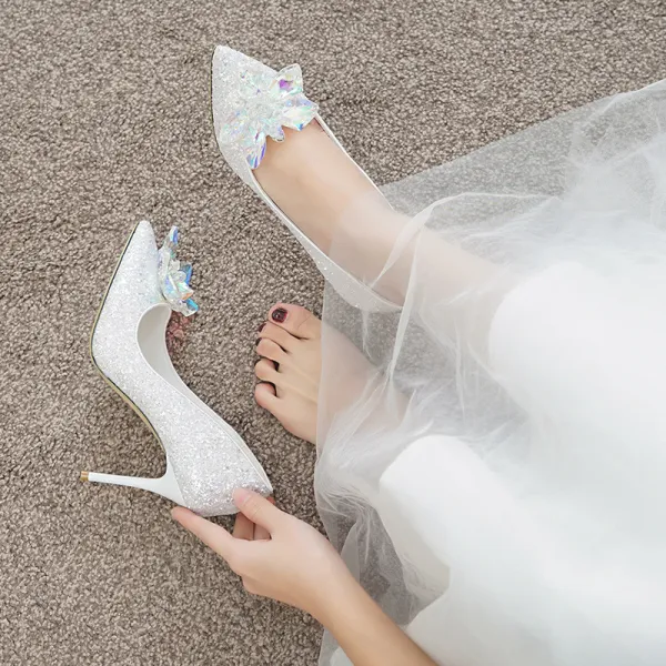 Brillante Encantador Marfil Cenicienta Crystal Zapatos de novia 2020 Lentejuelas 7 cm Stilettos / Tacones De Aguja Punta Estrecha Boda Tacones