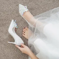 Sparkly Sjarmerende Elfenben Askepott Krystall Brudesko 2020 Paljetter 7 cm Stiletthæler Spisse Bryllup Pumps