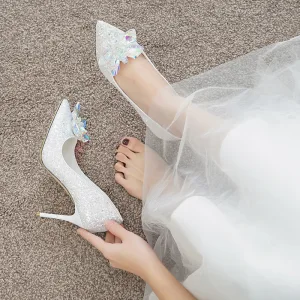Błyszczące Uroczy Kość Słoniowa Kopciuszek Kryształ Buty Ślubne 2020 Cekiny 7 Cm Szpilki Szpiczaste Ślub Czółenka