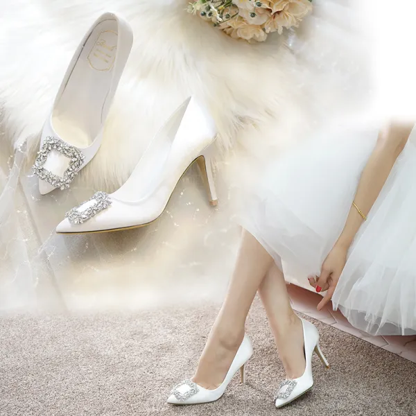 Charming Ivory Wedding Shoes 2020 Satin Rhinestone 9 cm Stiletto Heels Pointed Toe Wedding Pumps