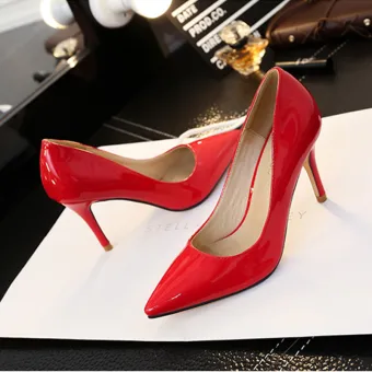 Simple Rouge Bureau Ol Escarpins 2020 Cuir Verni 9 Cm Talons Aiguilles À Bout Pointu Escarpins