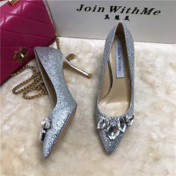 Stijlvolle Zilveren Avond Rhinestone Pumps 2020 Leer Pailletten 8 Cm Naaldhakken Stiletto Spitse Neus Pumps