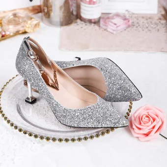 Scintillantes Argenté Paillettes Chaussure De Mariée 2020 Bride Cheville 8 Cm Talons Aiguilles À Bout Pointu Mariage Escarpins