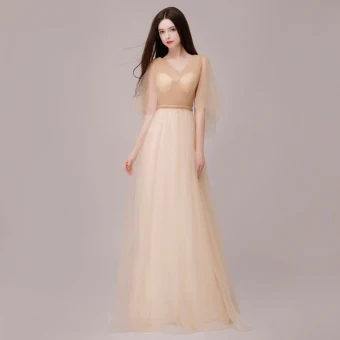 Chic Beautiful Champagne Evening Dresses 2018 A Line Princess Metal Sash V Neck Backless 1 2 Sleeves Floor Length Long Formal Dresses