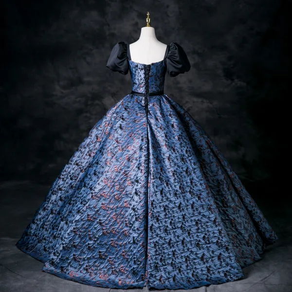Vintage / Retro Navy Blue Printing Prom Dresses 2025 Ball Gown Square Neckline Puffy Short Sleeve Bow Sash Backless Floor-Length / Long Prom Formal Dresses