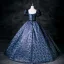Vintage / Retro Navy Blue Printing Prom Dresses 2025 Ball Gown Square Neckline Puffy Short Sleeve Bow Sash Backless Floor-Length / Long Prom Formal Dresses
