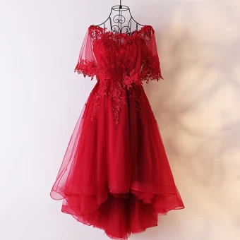 Chic Belle Rouge Robe De Ceremonie 2017 En Dentelle Fleur Amoureux 1 2 Manches Dos Nu Asymétrique Princesse Robe De Soirée