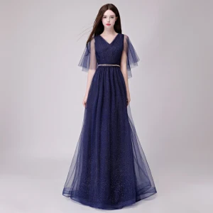 Chic Belle Bleu Marine Robe De Soirée 2018 Princesse Glitter Métal Ceinture V Cou Dos Nu 1 2 Manches Longue Robe De Ceremonie
