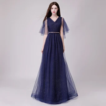 Chic Belle Bleu Marine Robe De Soirée 2018 Princesse Glitter Métal Ceinture V Cou Dos Nu 1 2 Manches Longue Robe De Ceremonie