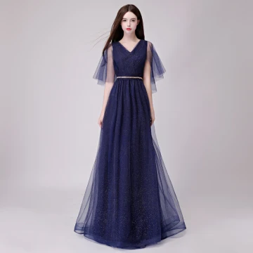 Chic Beautiful Navy Blue Evening Dresses 2018 A Line Princess Glitter Metal Sash V Neck Backless 1 2 Sleeves Floor Length Long Formal Dresses