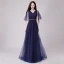Chic / Belle Bleu Marine Robe De Soirée 2018 Princesse Glitter Métal Ceinture V-Cou Dos Nu 1/2 Manches Longue Robe De Ceremonie