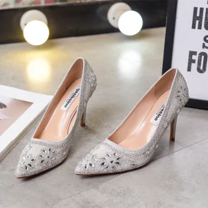 Stilig Silver Brudskor 2020 Rhinestone Paljetter 9 Cm Stilettklackar Spetsiga Bröllop Pumps