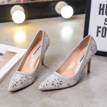 Stilig Sølv Brudesko 2020 Rhinestone Paljetter 9 Cm Stiletthæler Spisse Bryllup Pumps