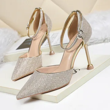 Scintillantes Doré Soirée Chaussures Femmes 2020 Paillettes Bride Cheville 9 Cm Talons Aiguilles À Bout Pointu Talons