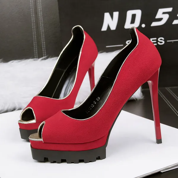 Simple Rouge Vêtement de rue Daim Chaussures Femmes 2020 12 cm Talons Aiguilles Peep Toes / Bout Ouvert Talons Hauts