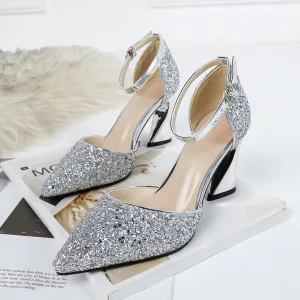 Scintillantes Argenté Soirée Chaussures Femmes 2020 Paillettes Bride Cheville 8 Cm Talons Épais À Bout Pointu Talons