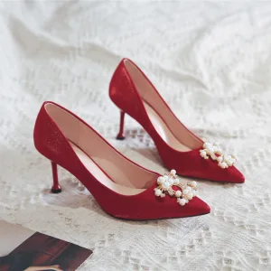 Chinese Style Red Pearl Wedding Shoes 2020 Rhinestone 8 Cm Stiletto Heels Pointed Toe Wedding Pumps