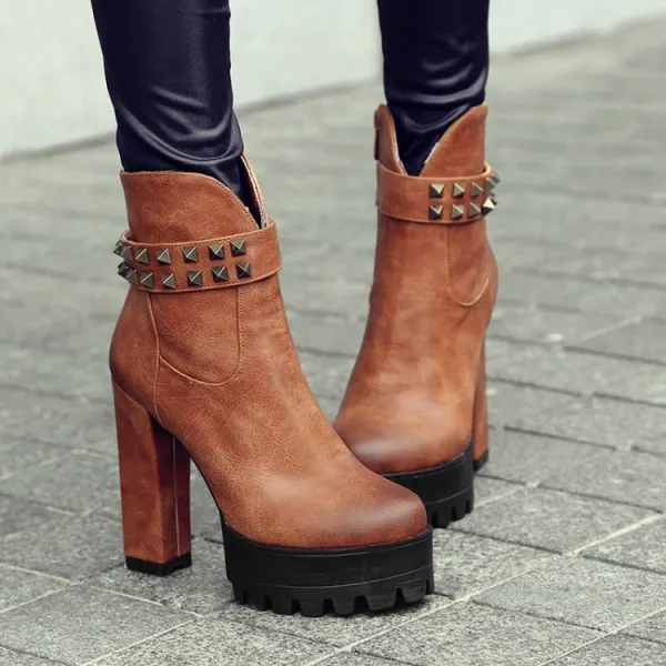 Modest  Tan Street Wear Rivet Womens Boots 2021 12 cm Thick Heels Waterproof Round Toe Boots