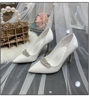 Mode Ivoire Faux Diamant Chaussure De Mariée 2020 Satin 9 Cm Talons Aiguilles À Bout Pointu Mariage Escarpins