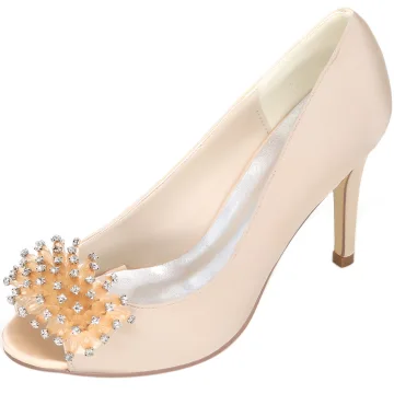 Chic Champagne Demoiselle D Honneur Chaussure De Mariée 2020 Satin Faux Diamant 9 Cm Talons Aiguilles Peep Toes Bout Ouvert Mariage Escarpins