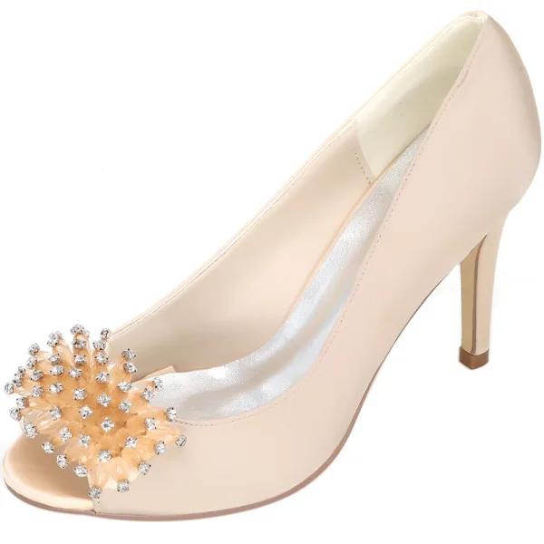 Elegancka Szampan Na Wesele Buty Ślubne 2020 Satyna Rhinestone 9 cm Szpilki Peep Toe Ślub Czółenka