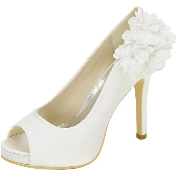 Elegant Ivory Prom Pumps 2020 Satin Appliques 11 cm Stiletto Heels Open / Peep Toe Pumps