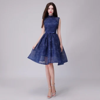 Chic Belle Bleu Marine De Retour Robe De Graduation 2018 Princesse Perlage Paillettes Noeud En Dentelle Col Haut Dos Nu Sans Manches Mi Longues Robe De Ceremonie