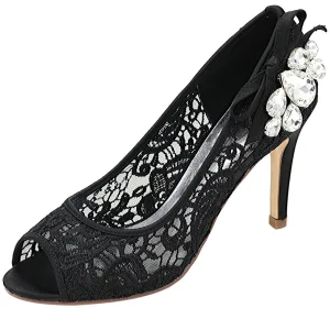 Sexig Svarta Afton Genomskinliga Pumps 2020 Spets Rhinestone 9 Cm Stilettklackar Peep Toe Pumps
