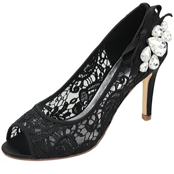 Sexy Noire Soirée Transparentes Escarpins 2020 En Dentelle Faux Diamant 9 Cm Talons Aiguilles Peep Toes Bout Ouvert Escarpins